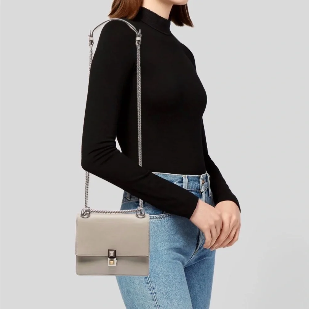 Fendi Kan I Small Shoulder Bag In Neutral Grey Leather W Silver Chain Strap